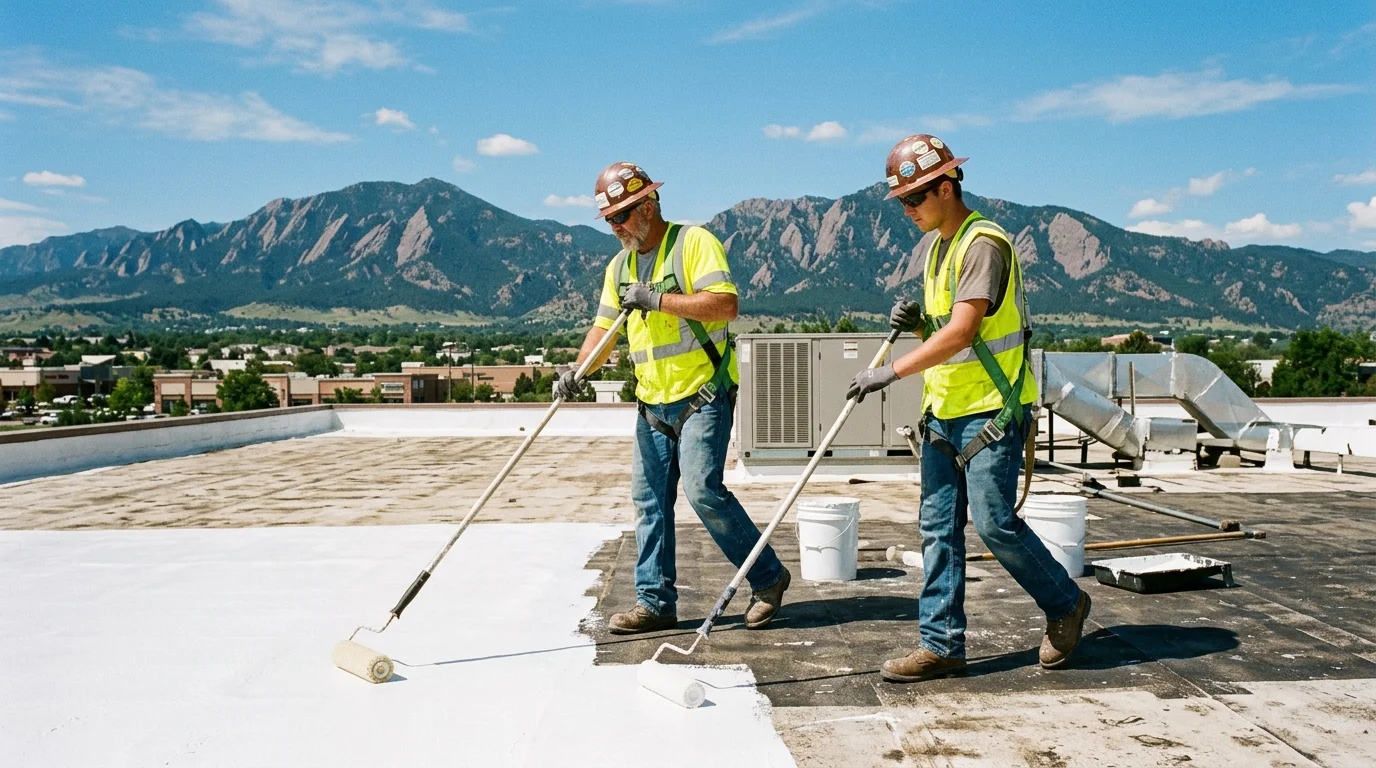 Rockin L Roofing Crew Applying Fluid Restoration Membrane